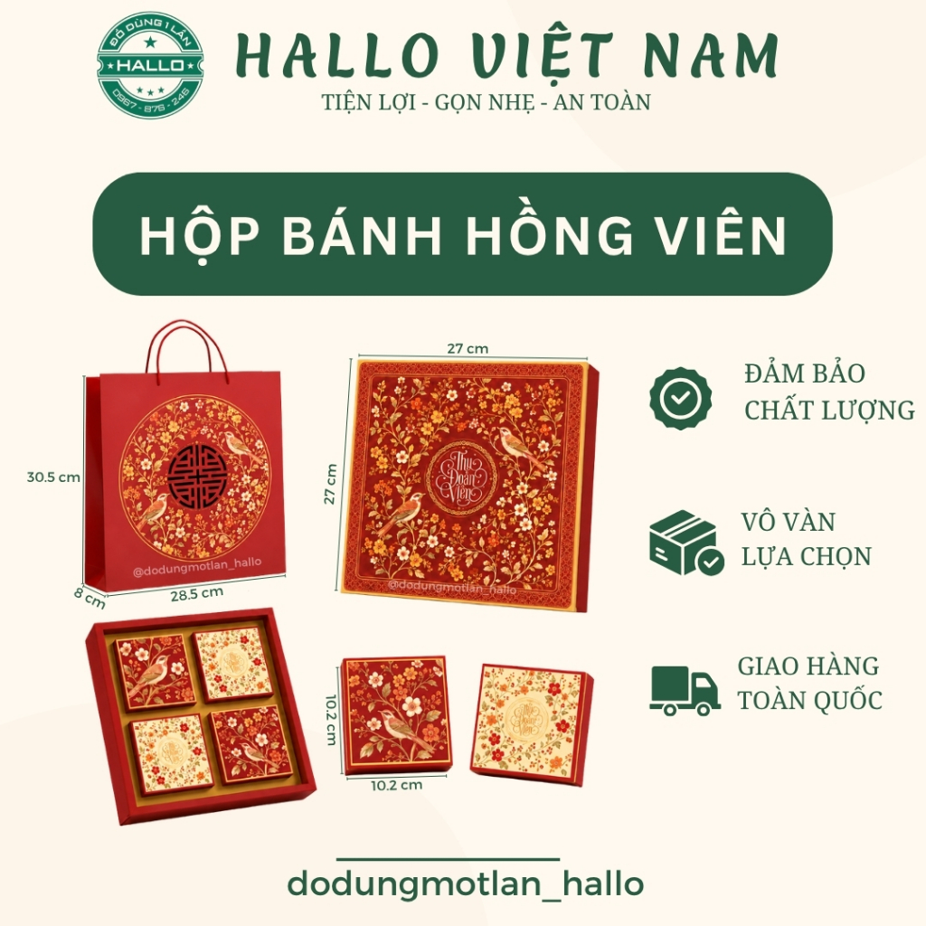Hộp bánh trung thu Hồng Viên - Set hộp đựng 4 bánh trung thu 150g - 250g Hallo Việt Nam