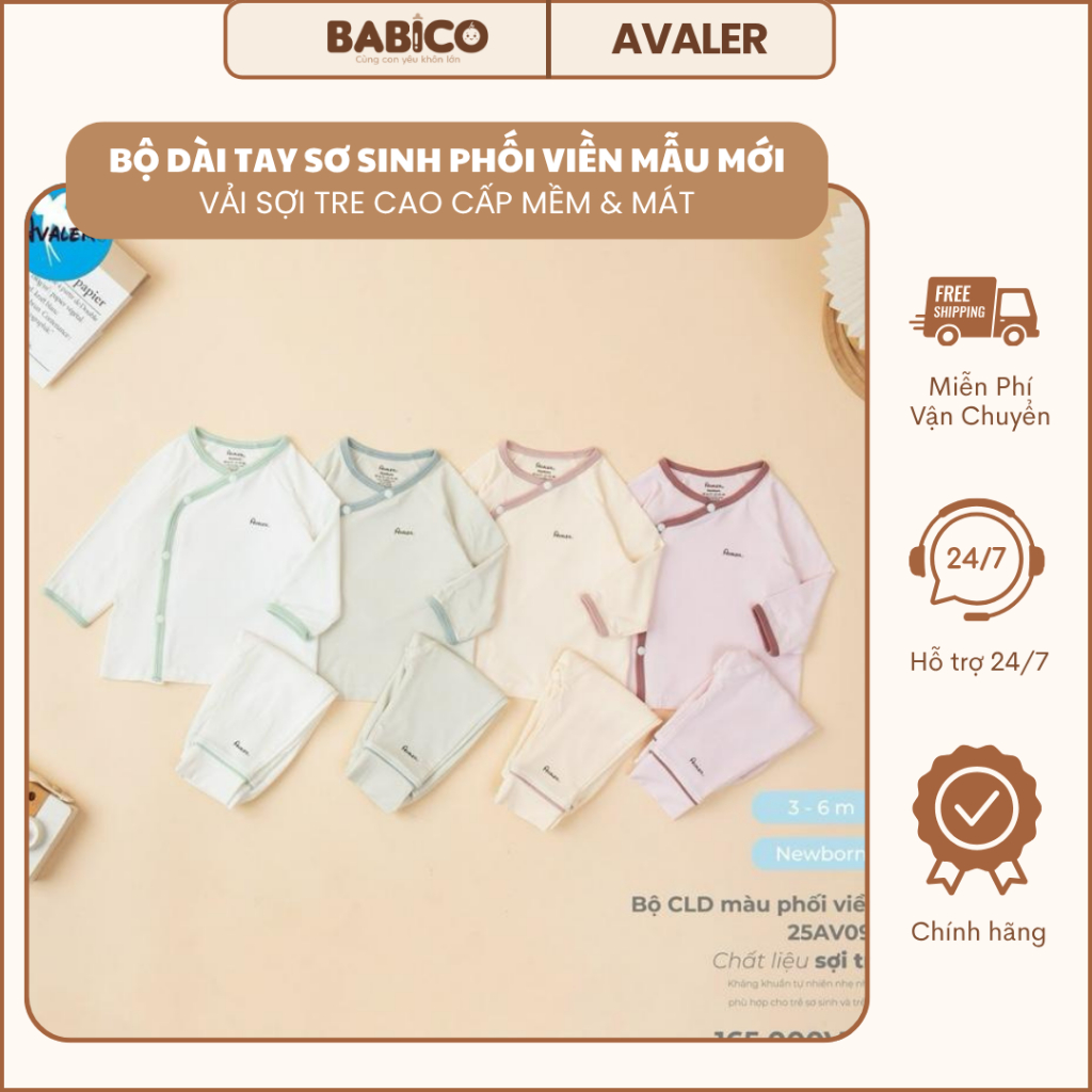 [Avaler Chính Hãng] Bộ Quần Áo Sơ Sinh Dài Tay Avaler Nền Màu Phối Viền Vải Sợi Tre  Mẫu Mới