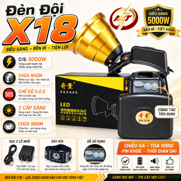 Đèn pin đội đầu siêu sáng X18, chóa 10cm / 11cm, công suất 5000w / 9000w