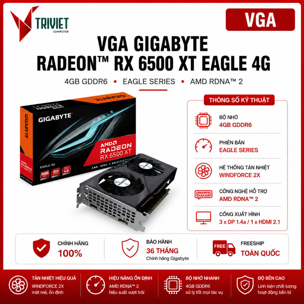 Card Màn Hình VGA RX 6500 XT 4GB GDDR6 Gigabyte EAGLE (GV-R65XTEAGLE-4GBD) - VGA Gaming Giá Tốt