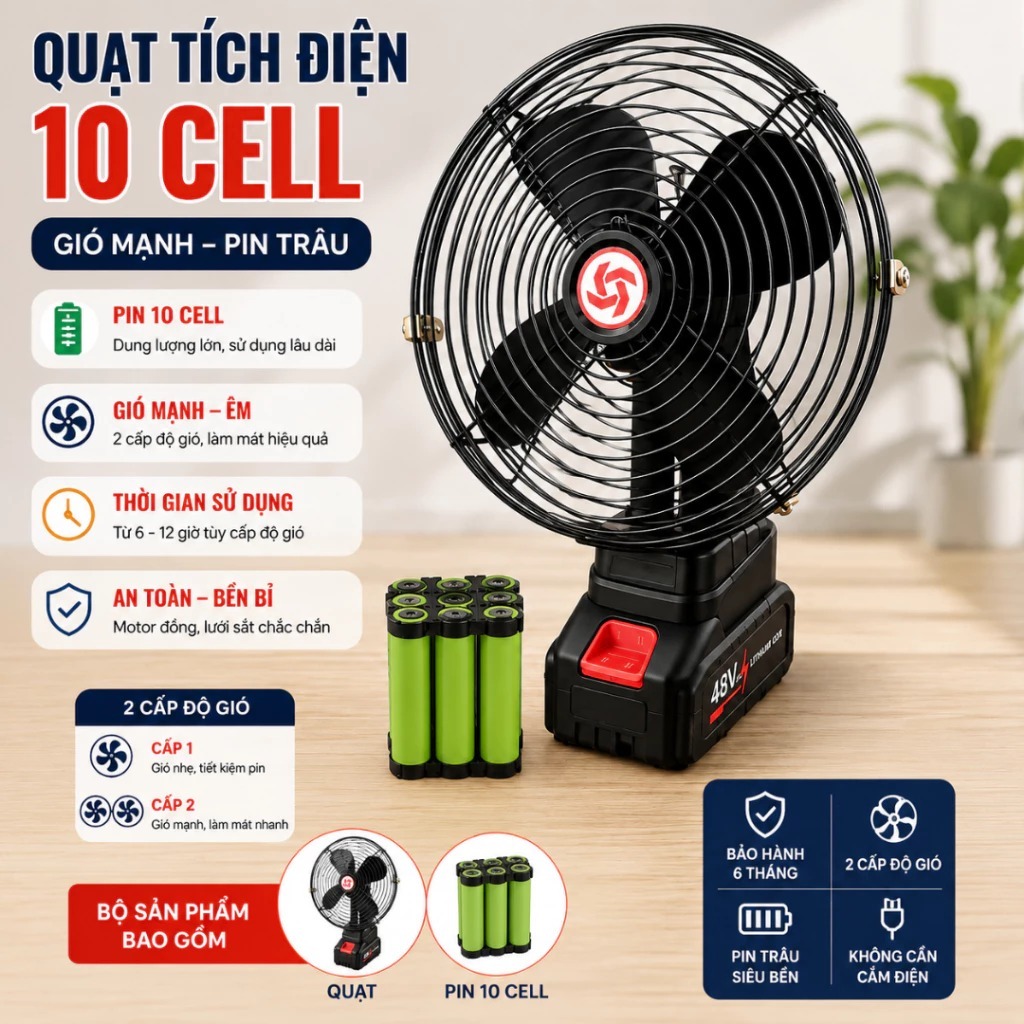Quạt tích điện chay bằng pin kèm củ sạc,lồng sắt 8 inch có 2 chế độ gió