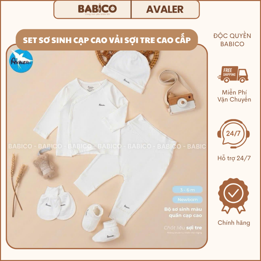Set Sơ Sinh Vải Sợi Tre Cao Cấp Avaler Cài Lệch Màu Trắng Và Các Màu Đáng Yêu Cho Bé