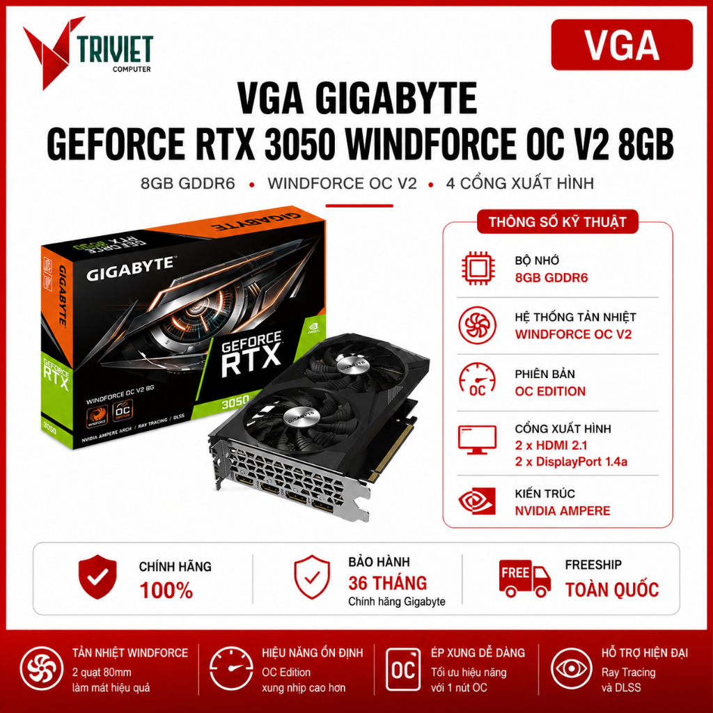 Card Màn Hình VGA Gigabyte GeForce RTX 3050 WINDFORCE OC V2 8GB (N3050WF2OCV2-8GD)