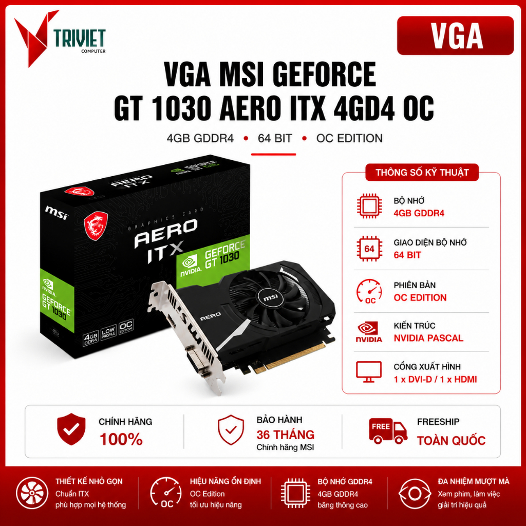 Card Màn Hình VGA MSI GeForce GT 1030 AERO ITX 4GB DDR4 OC - VGA Giá Rẻ Cho PC Văn Phòng & Học Tập
