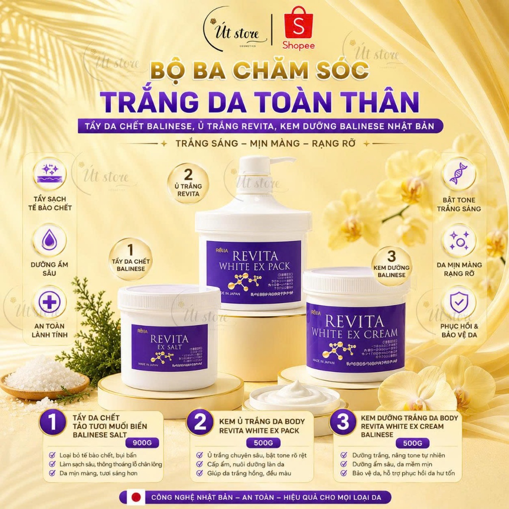 Combo Chăm Sóc Trắng Da Chuyên Sâu REVITA WHITE EX Ủ Trắng, Kem Dưỡng, Tẩy Tế Bào Chết