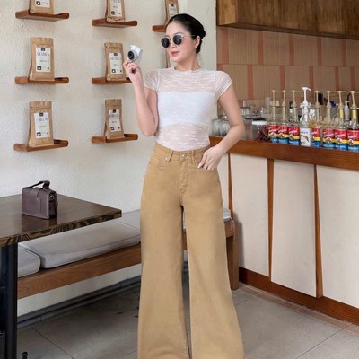 Quần jean ống rộng chất jean co giãn 3 màu dài quần 101cm thời trang Callene (L3002)