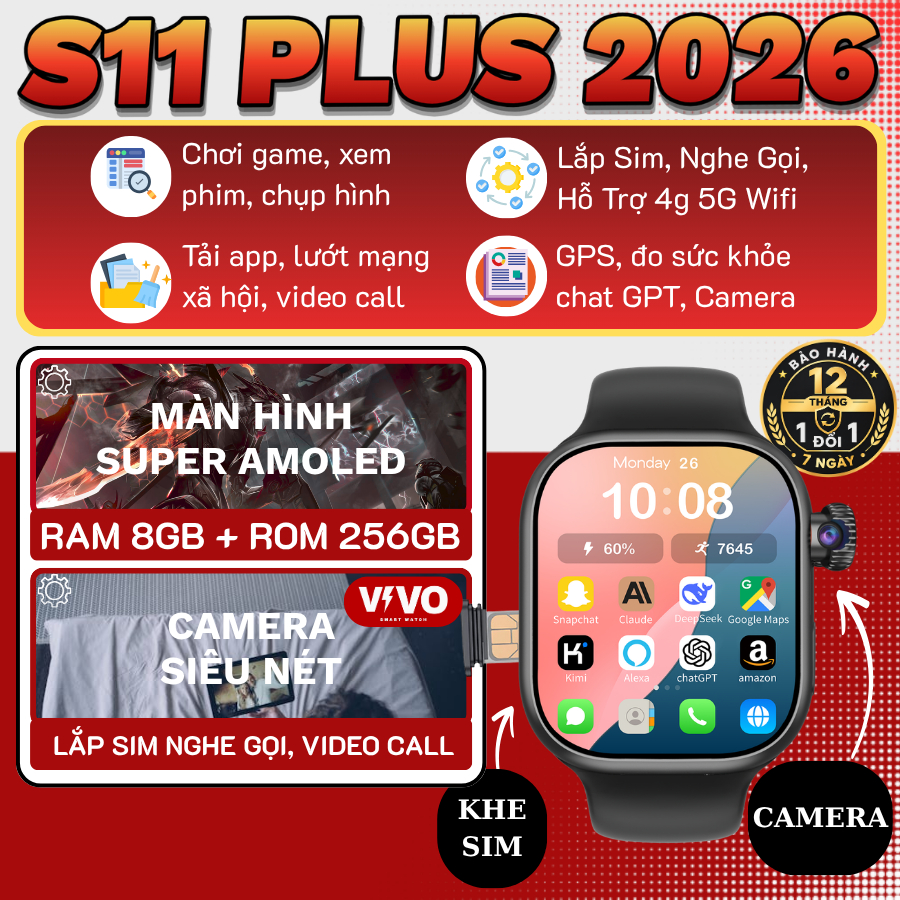 Đồng Hồ Thông Minh Lắp Sim S11 PLUS 2026 Tải Ứng Dụng, Chat GPT, Định Vị Chính Xác, Máy Siêu Mạnh