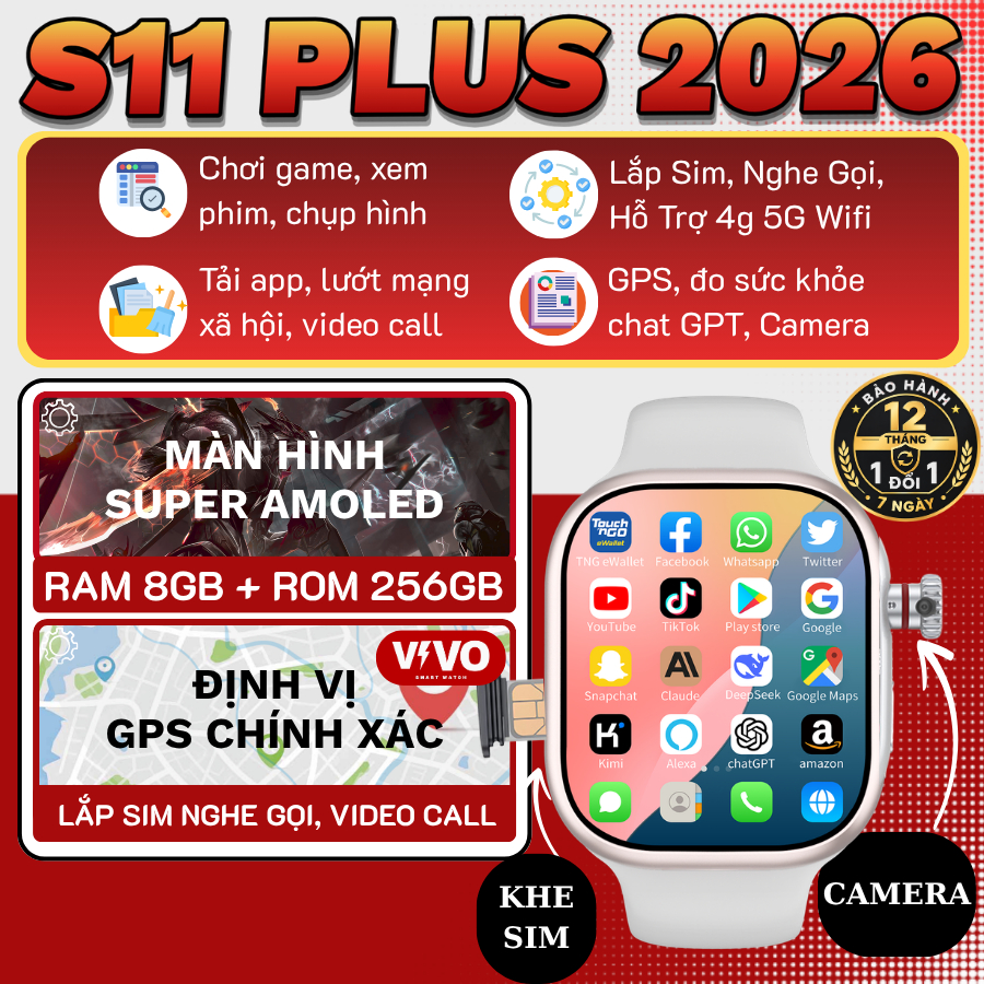 Đồng Hồ Thông Minh Lắp Sim S11 PLUS 2026 Nghe Gọi, Học Tập Chat GPT, Định Vị, Camera, Video Call