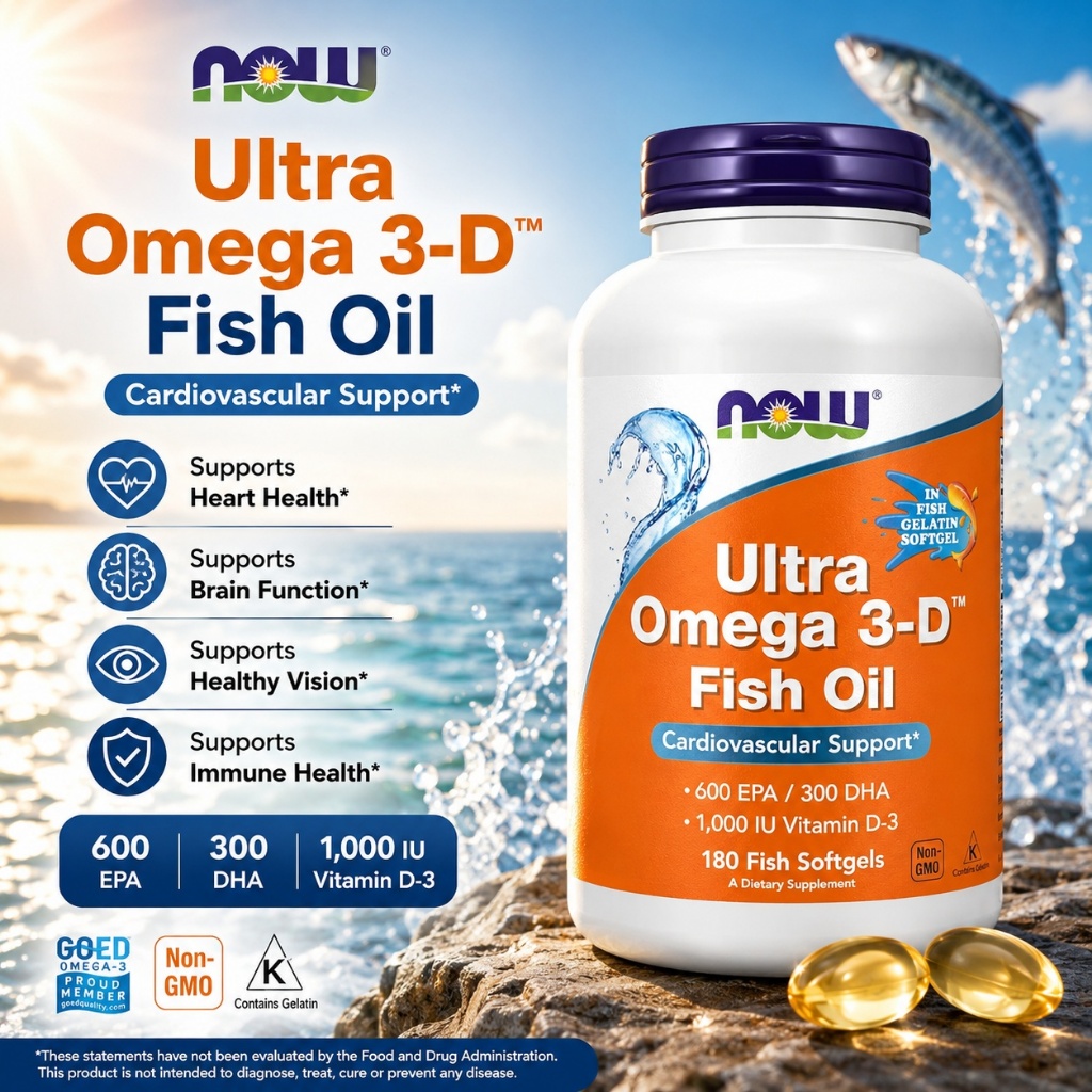 NOW Ultra Omega 3-D Fish Oil Chính Hãng – 600 EPA / 300 DHA, Vitamin D3 1000 IU, 180 Viên Nang Mềm D