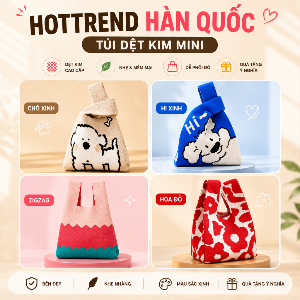 Túi Xách Bucket Tote Đan Len Dệt Kim Thủ Công dày, bền đựng đồ ăn trưa, ly cà…