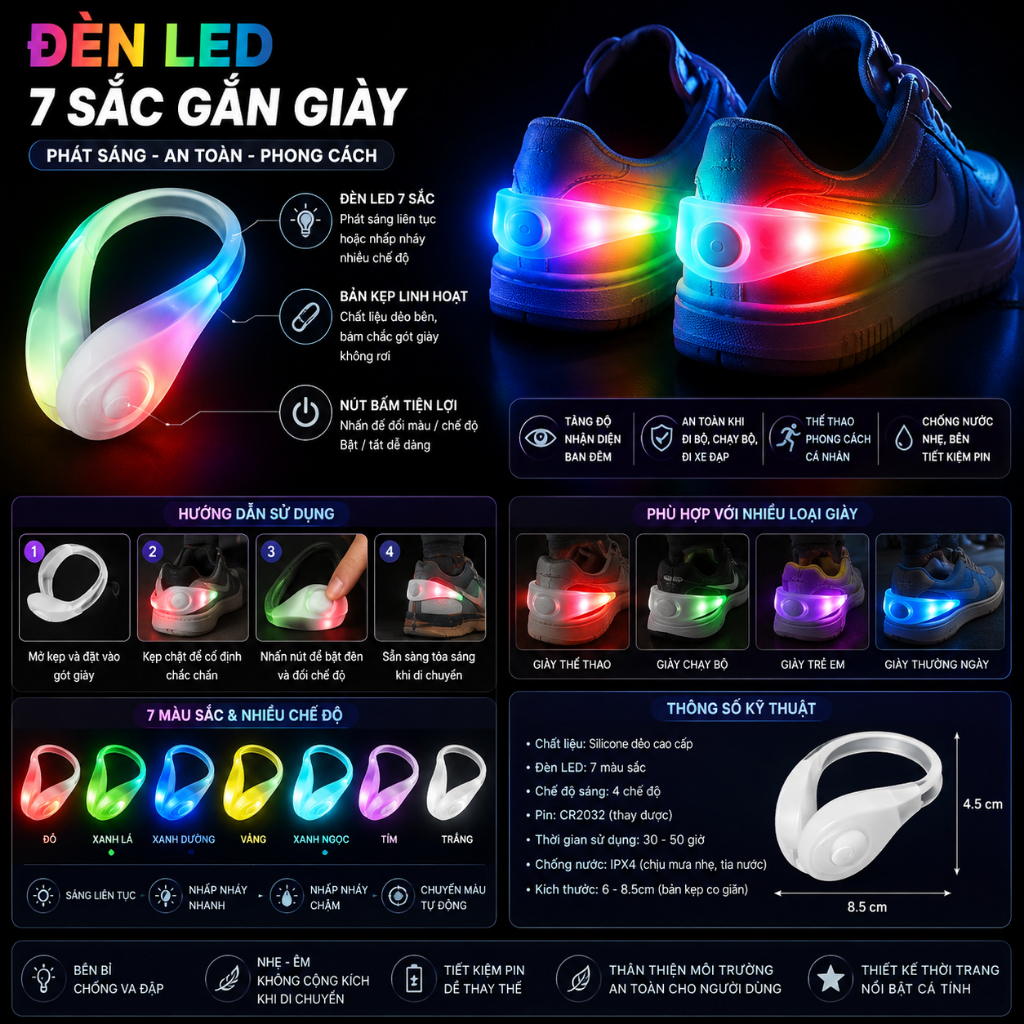 jogging LED Đèn LED gắn giầy chạy bộ An Toàn Ban Đêm ( pin )