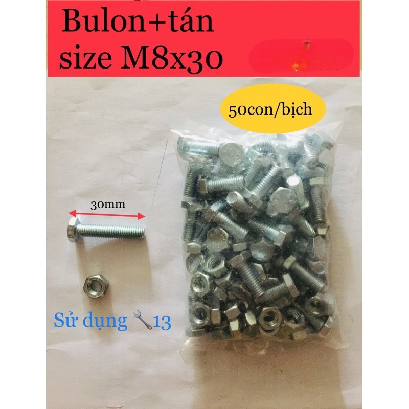 Bulon tán M8 size M8x30mm (50bộ)