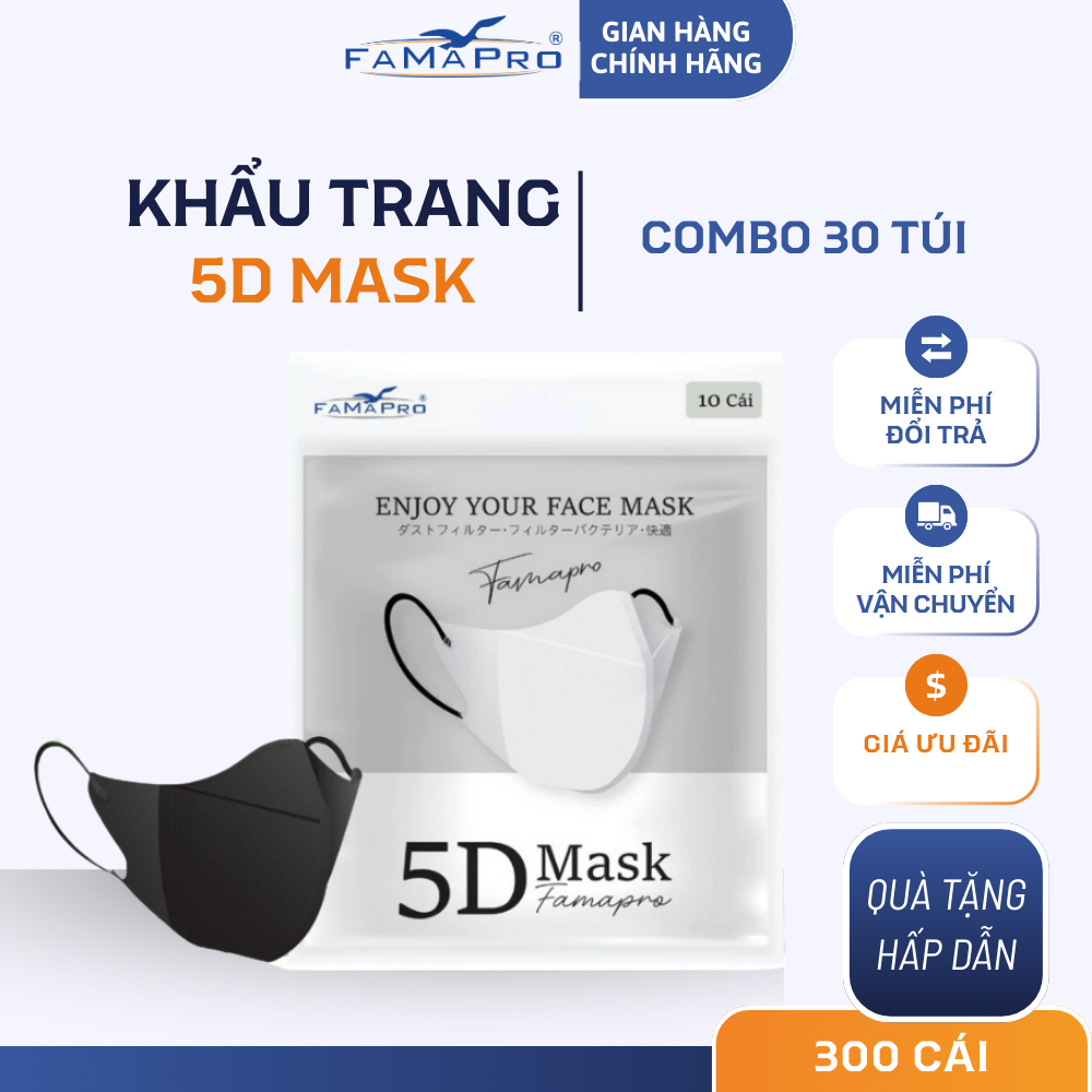 [Combo 300 cái - 5D Túi] Khẩu Trang 3 Lớp 5D Mask Quai Chun Nhỏ Nam Anh Famapro Túi 10 Chiếc