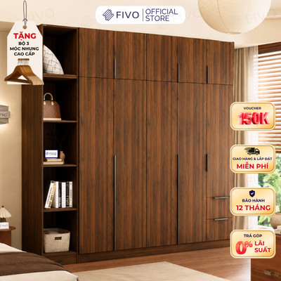 Tủ Đựng Quần Áo Gỗ Cao Cấp FC04 FIVO, Tủ Màu Walnut Cánh Mở Sâu 60cm Kèm Kệ Trang Trí, Freeship+Free lắp đặt, Trả Góp 0%