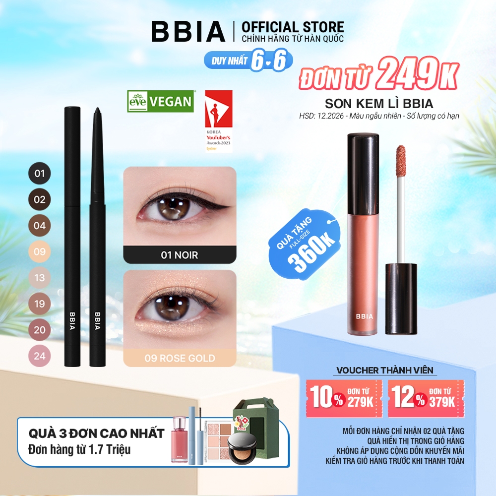 Kẻ mắt dạng gel thuần chay, chống nước tuyệt đỉnh BBIA Last Auto Gel Eyeliner 0.3g