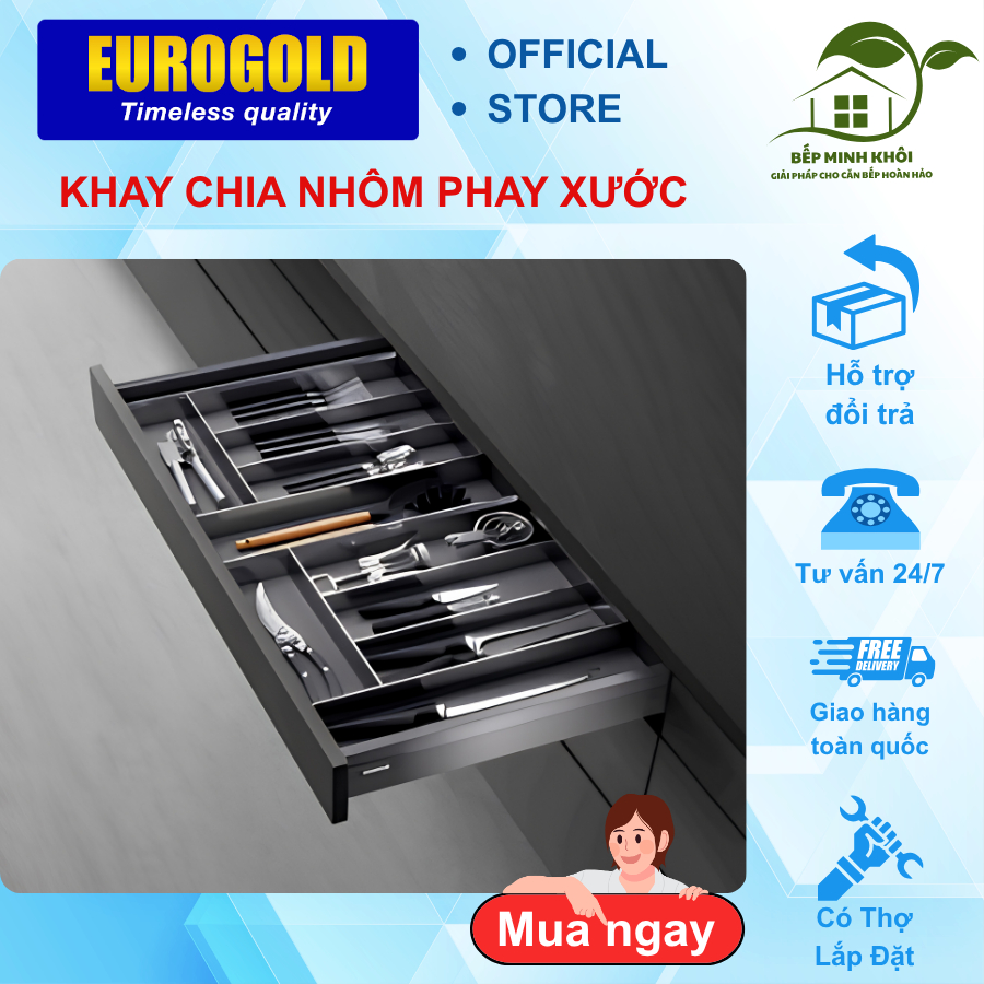 Khay chia thìa đũa nhôm phay xước EUROGOLD cao cấp, Khay chia chất liệu hợp kim nhôm chắc chắn