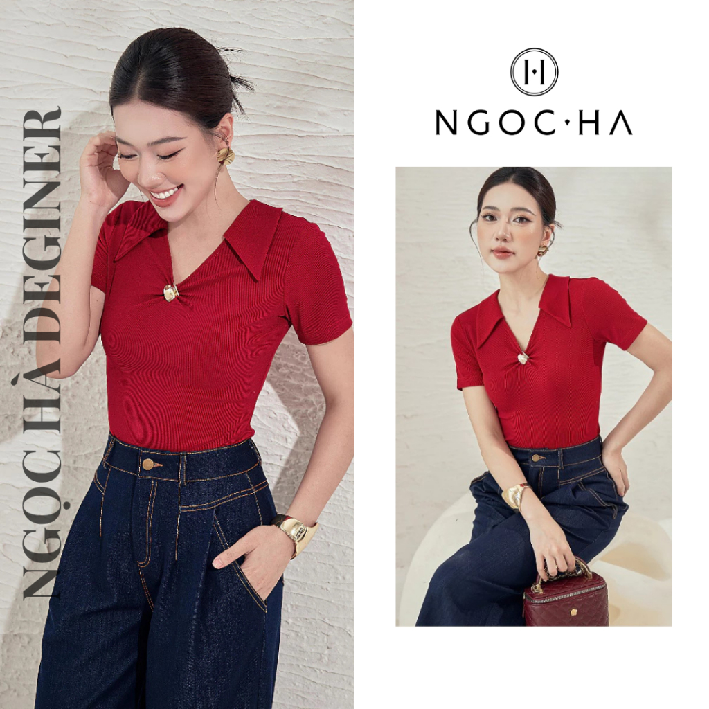 Áo Dệt Kim Tay NgắnCaryln Top Áo Thun Nhún Ngực Tay Cộc Màu Đỏ NGOC HA Design A1062