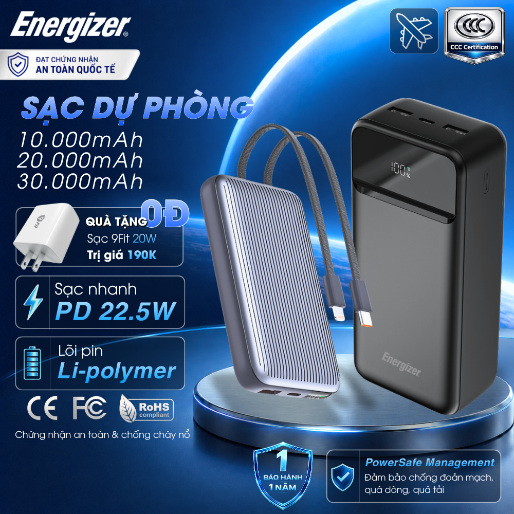 Pin Sạc Dự Phòng Energizer Li-polymer 10000mAh/ 20000mAh/ 30000mAh Sạc Nhanh PD Cho iPhone/ Samsung,