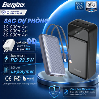Pin sạc dự phòng energizer li-polymer 10000mah/ 20000mah/ 30000mah sạc nhanh pd cho iphone/ samsung, bảo hành 1 năm