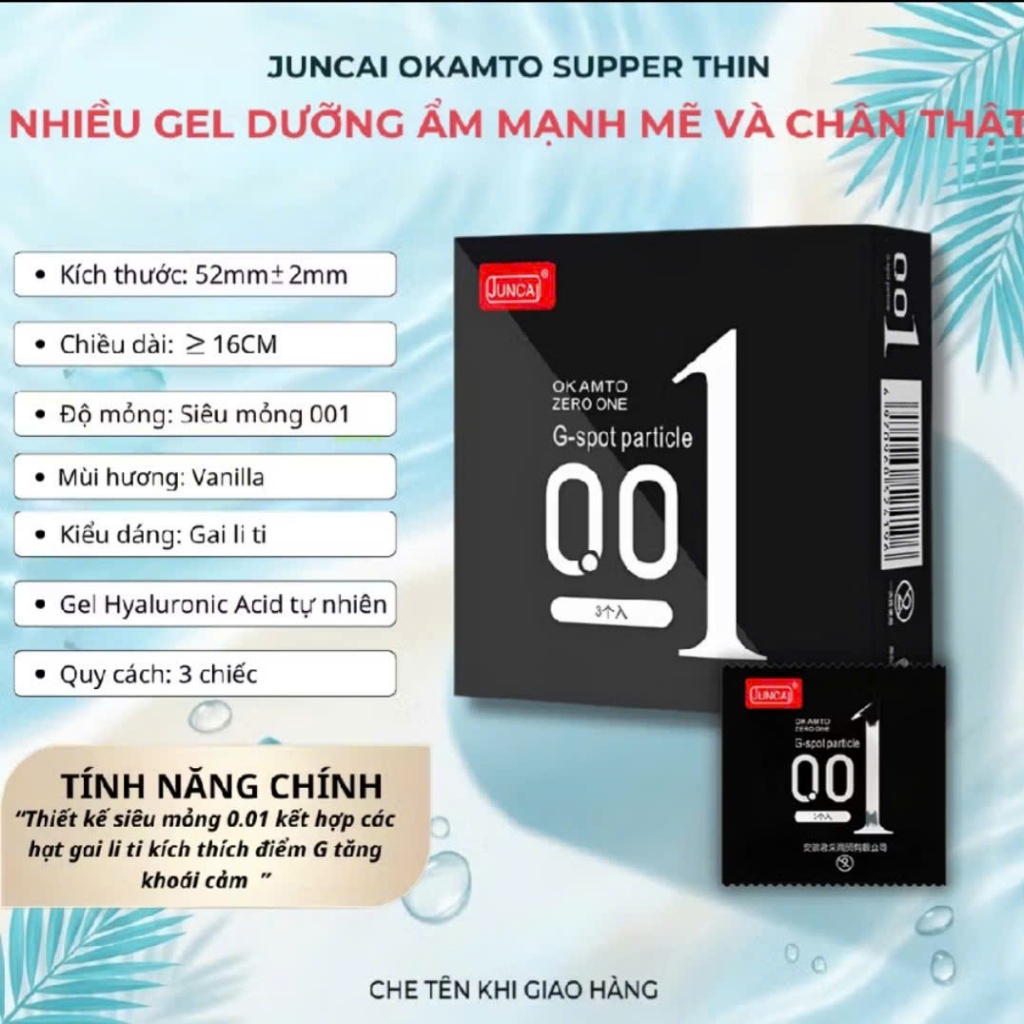 Bao Cao Su JUNCAI 001.Gai Li ti.Hộp 3 cái.Siêu Mỏng.Nhiều Gell.Sire 52mm
