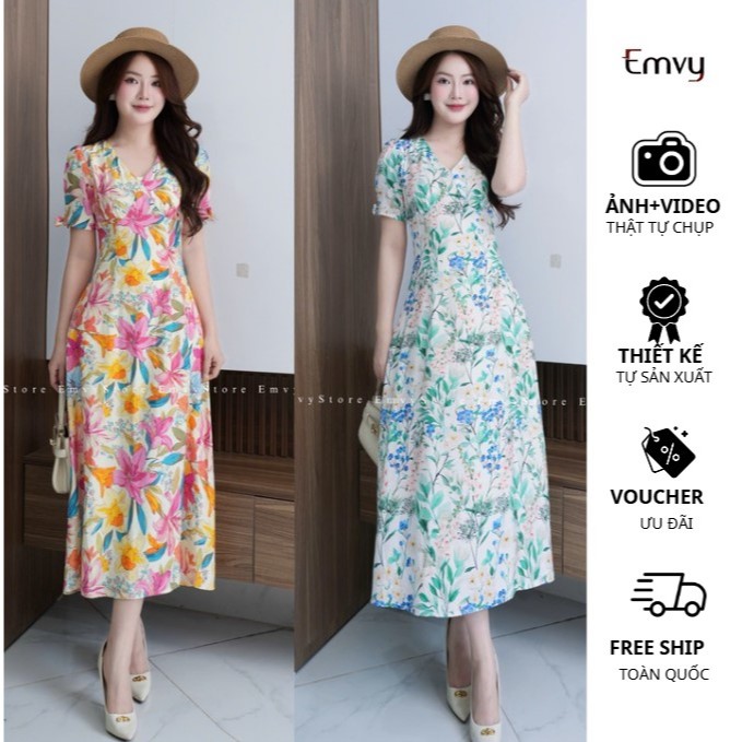 Váy Maxi Hoa Đi Biển Chất vải linen Nhật nhẹ mát đứng form, Cổ V hack dáng cực xinh Emvy Fashion K88