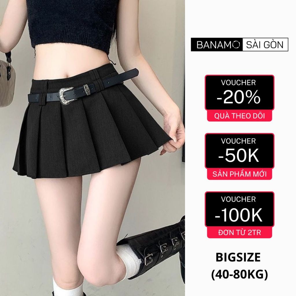 Chân váy nữ BIGSIZE Banamo Sài Gòn chân váy ngắn xếp ly xòe kèm dây lưng 5911