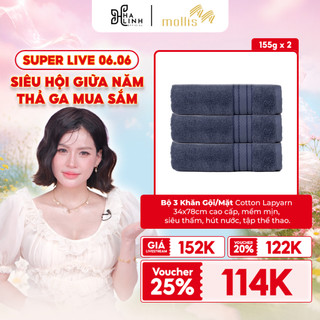 [Võ Hà Linh x Mollis] Bộ 3 Khăn Gội/Mặt Mollis Cotton Lapyarn 34x78cm FM8V Mềm Mịn Siêu Thấm Hút Nước Tập Thể Thao