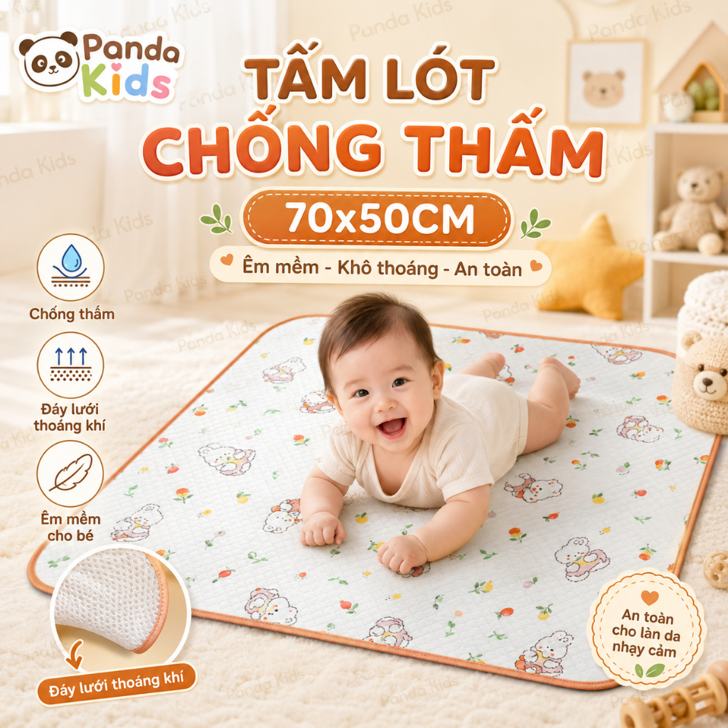 Tấm Lót Chống Thấm 4 Mùa Cho Bé Đáy Lưới Thoáng Khí, Kháng Khuẩn, Họa Tiết Hàn Quốc 70*50cm - Panda 