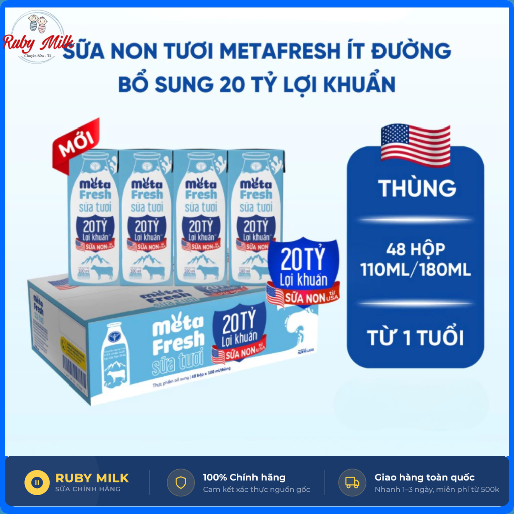 Thùng 48 Hộp Sữa Tươi Chứa Sữa Non Nutricare Meta FRESH Lợi Khuẩn 110ml/180ml