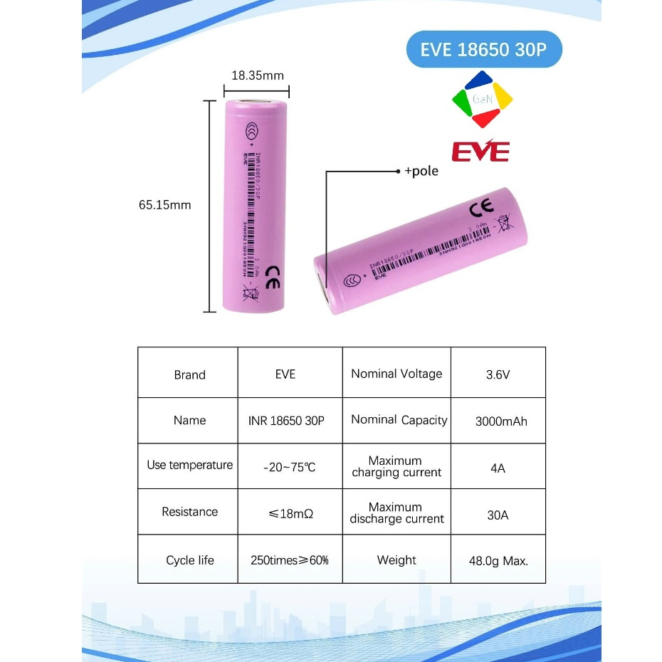 Cell pin 18650 EVE 30P Li-ion 3.6V 3000mAh - Xả 30A