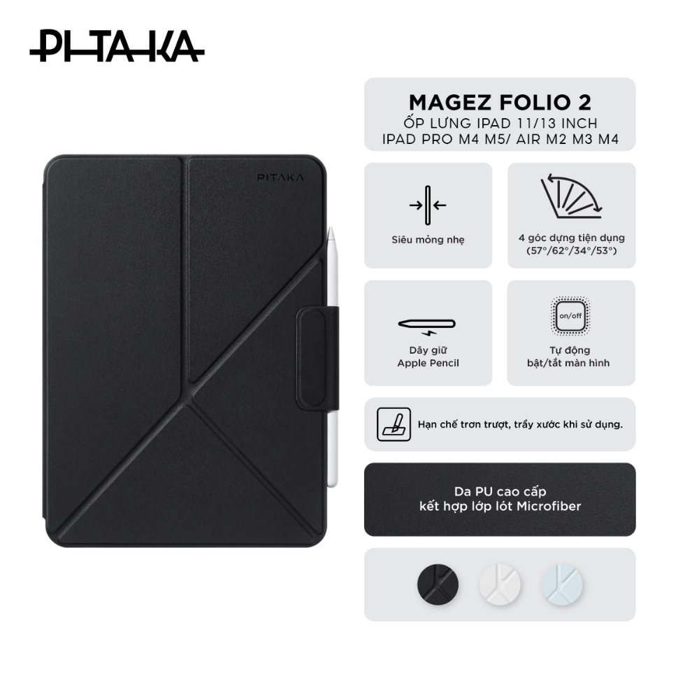 Bao Da iPad PITAKA MagEZ Folio 2 Cho iPad Pro M4 M5/Air M2 M3 M4 - Ốp iPad Da PU Cao Cấp, Chống Trầy