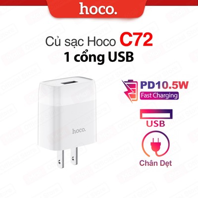 Củ sạc PD10.5W Hoco C72 1 cổng USB ,chất liệu PC cao cấp, thích hợp nhiều dòng điện thoại, chân dẹt