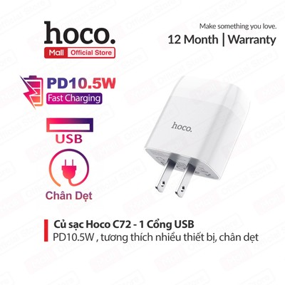 Củ sạc PD10.5W 1 cổng USB Hoco C72 ,chất liệu PC cao cấp, thích hợp nhiều dòng điện thoại, chân dẹt