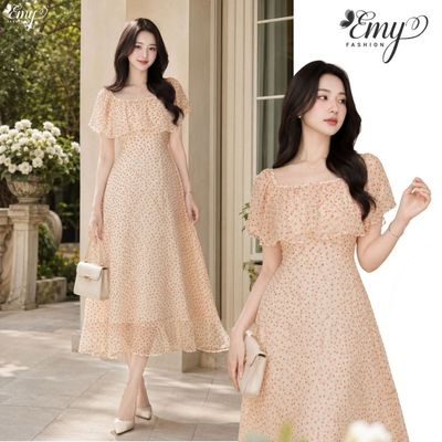 Đầm Thiết Kế EMY Thời Trang Cao Cấp EM9824 Vải Voan ,Nền Kem Hoạ Tiết Chấm Bi Cam Nâu Sang Trọng Thanh Lịch