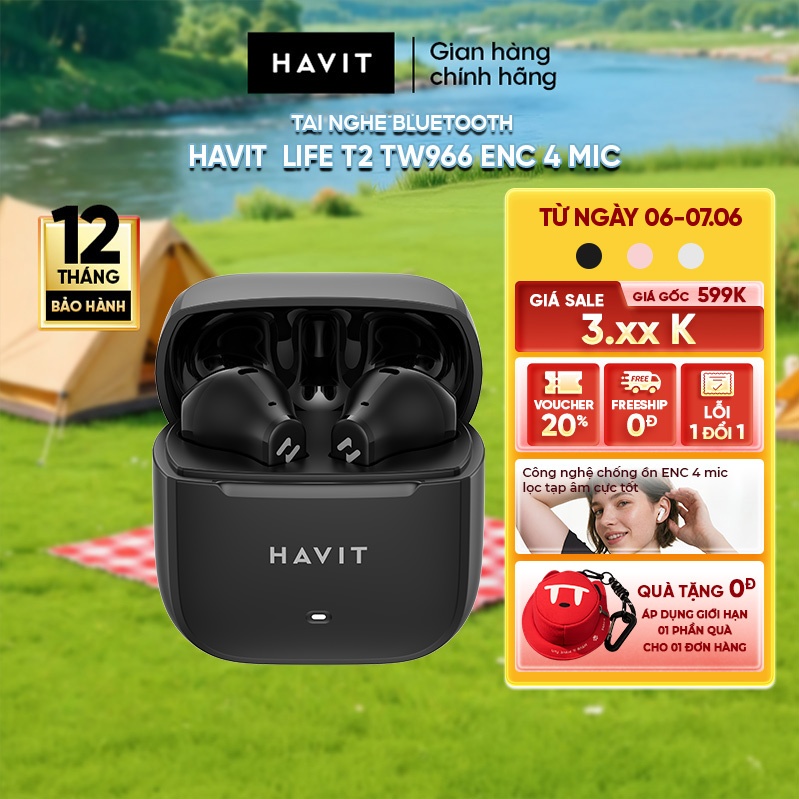 Tai Nghe Bluetooth TWS Havit TW966, 4 Mic ENC Chống Ồn, Bluetooth 6.0, Pin 25H, Bass Mạnh