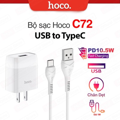 Bộ sạc PD10.5W Hoco C72 USB to Type-C dùng cho 15/16/17/Android dài 1m, chân dẹt