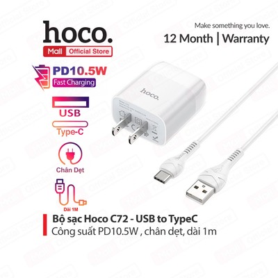 Bộ sạc PD10.5W Hoco C72 USB to Type-C dùng cho 15/16/17/Android chân dẹt, dài 1m
