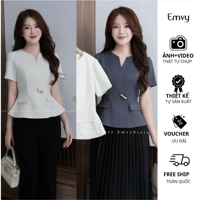 Áo Kiểu Peplum Tay Ngắn Thiết Kế: Chất vải xước Hàn mịn mát, outfit đi làm lịch sự Emvy Fashion H68