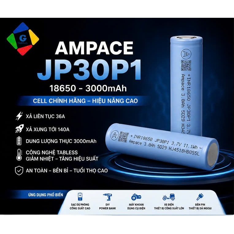 Cell pin 18650 AMPACE JP30 JP40 Li-ion 3.6V 3000mAh 4000mAh - Xả 36A 60A