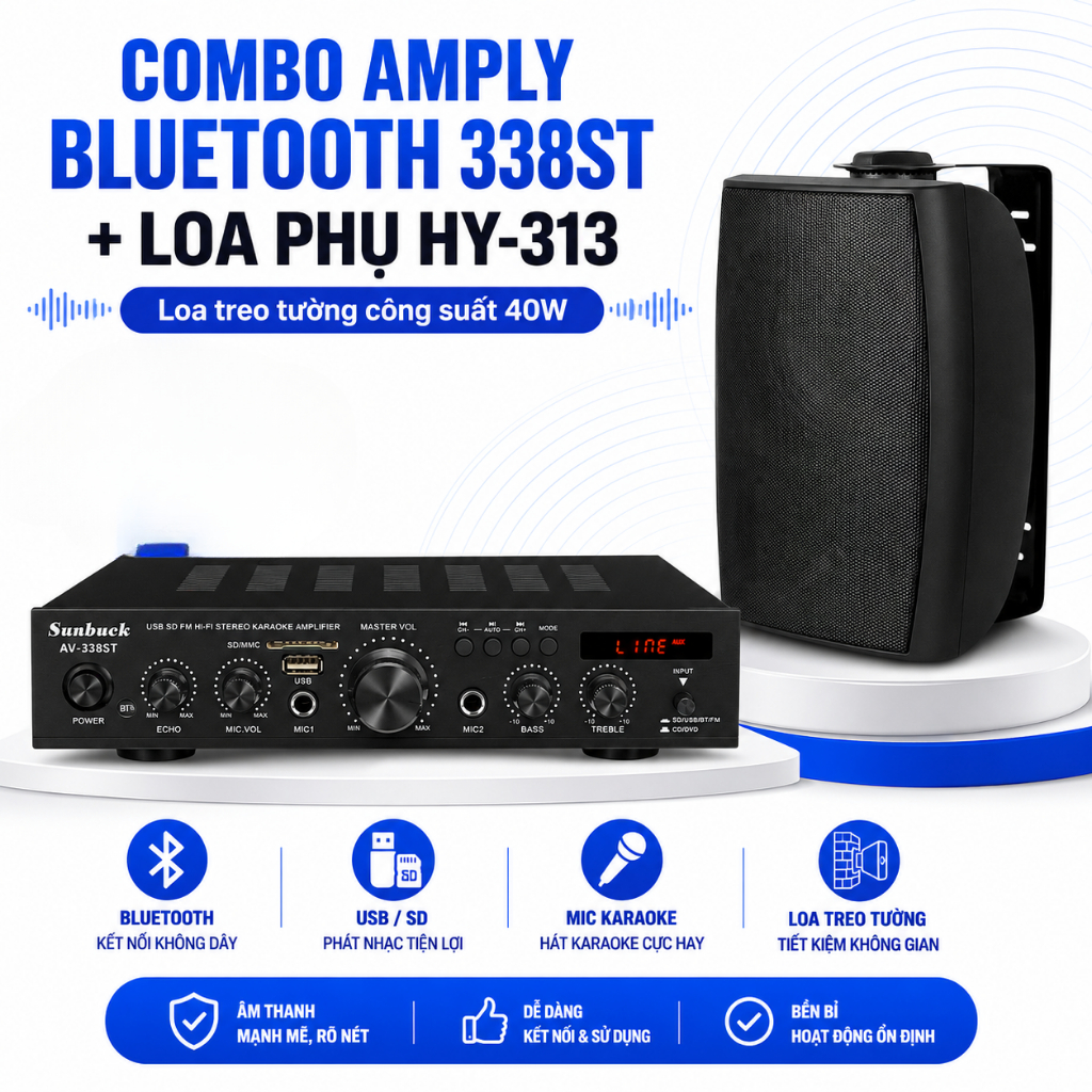 COMBO Loa treo tường HY-313 và Amply Bluetooth 338ST, Hệ thông âm thanh cho không gian dưới 150m2