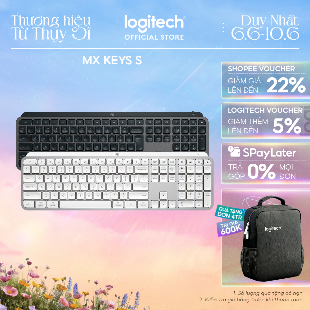 Bàn phím không dây Logitech MX Keys S - Low Profile yên tĩnh, Đèn nền, Bluetooth, Sạc USB-C