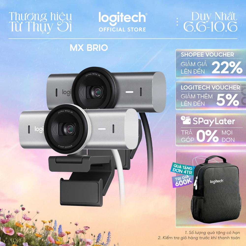 Webcam Logitech MX BRIO Ultra HD 4K - Hội họp & truyền trực tuyến, Mic kép giảm ồn, Show Mode, USB-C
