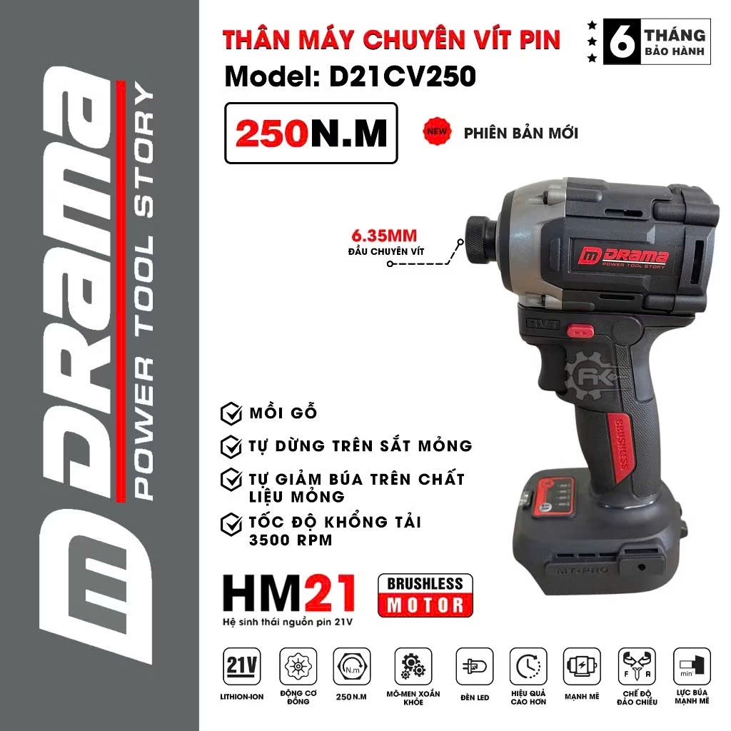 Máy chuyên vít pin DRAMA D21 CV250, Không chổi than 250Nm 4 Tính năng 4 Tốc độ