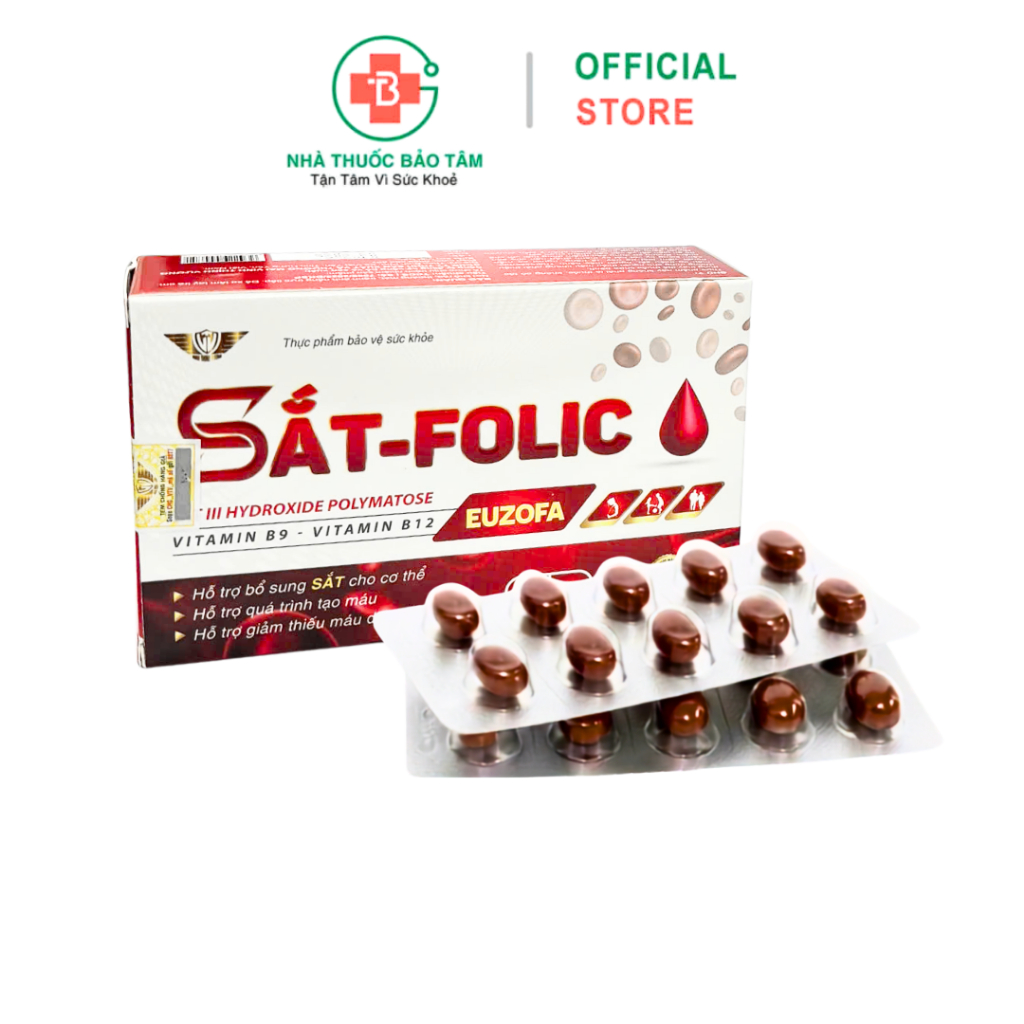 Viên Uống Sắt Folic EUZOFA Bổ Sung Sắt, Vitamin B9 B12 Hỗ Trợ Tạo Máu – Hộp 30 viên