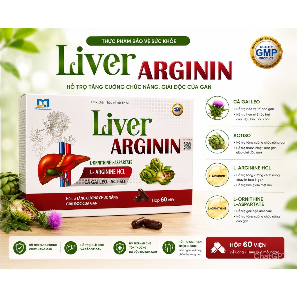 ( Hộp 60 viên dùng 1 tháng )  - Liver ARGININ - Hỗ trợ tăng cường chức năng giải độc của gan.