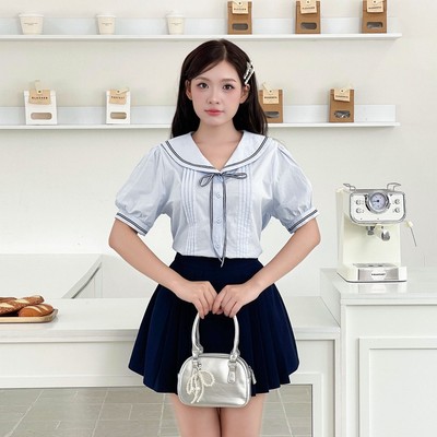 Áo sơ mi nữ ngắn tay Twentyfive, cổ thủy thủ đính nơ vải thô cottton thấm hút 7237