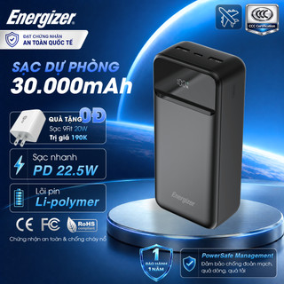 Sạc dự phòng energizer 30000mah/ max 45w sạc nhanh pd, tích hợp dây cáp, 7 cổng sạc, bảo hành 1 năm