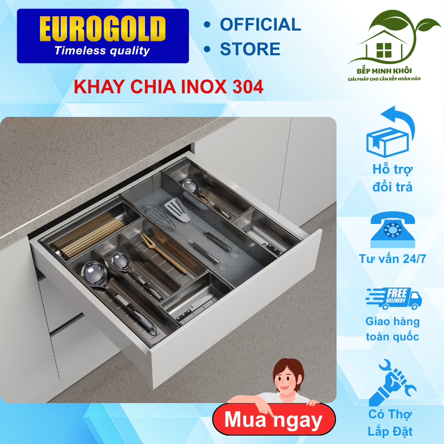 Khay chia thìa dĩa inox 304, khay chia đũa thìa dao kéo Eurogold chính hãng, chia khoang tiện dụng