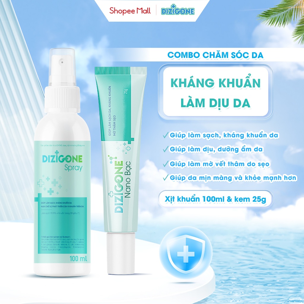 [COMBO] Dung dịch điện hóa DIZIGONE 100ml & Kem DIZIGONE Nano Bạc 25g: Giúp làm sạch, kháng khuẩn, l