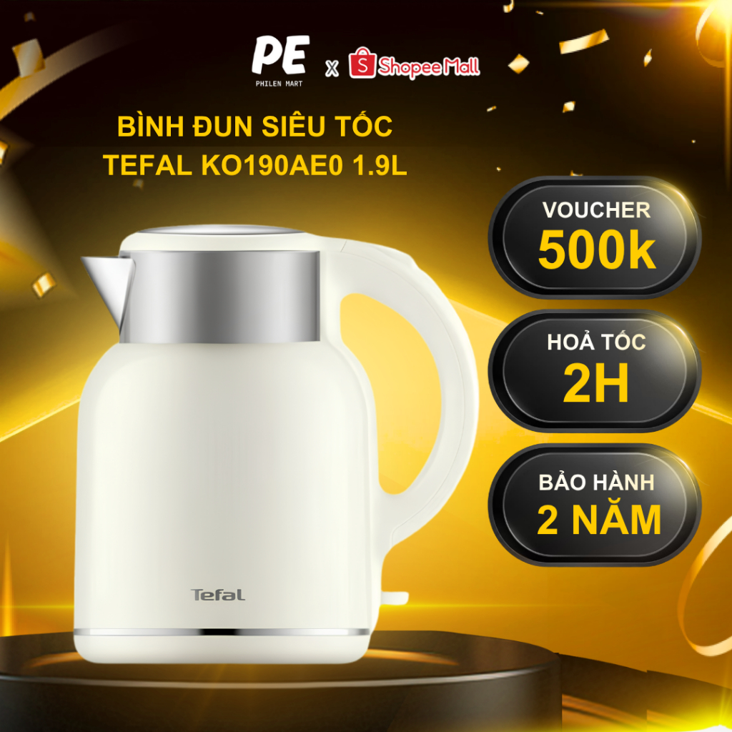 Bình Đun Siêu Tốc Tefal KO190AE0 | 1.9L - 1650W | 2 Lớp Giữ Nhiệt - Hàng Chính Hãng, Bảo Hành 2 Năm